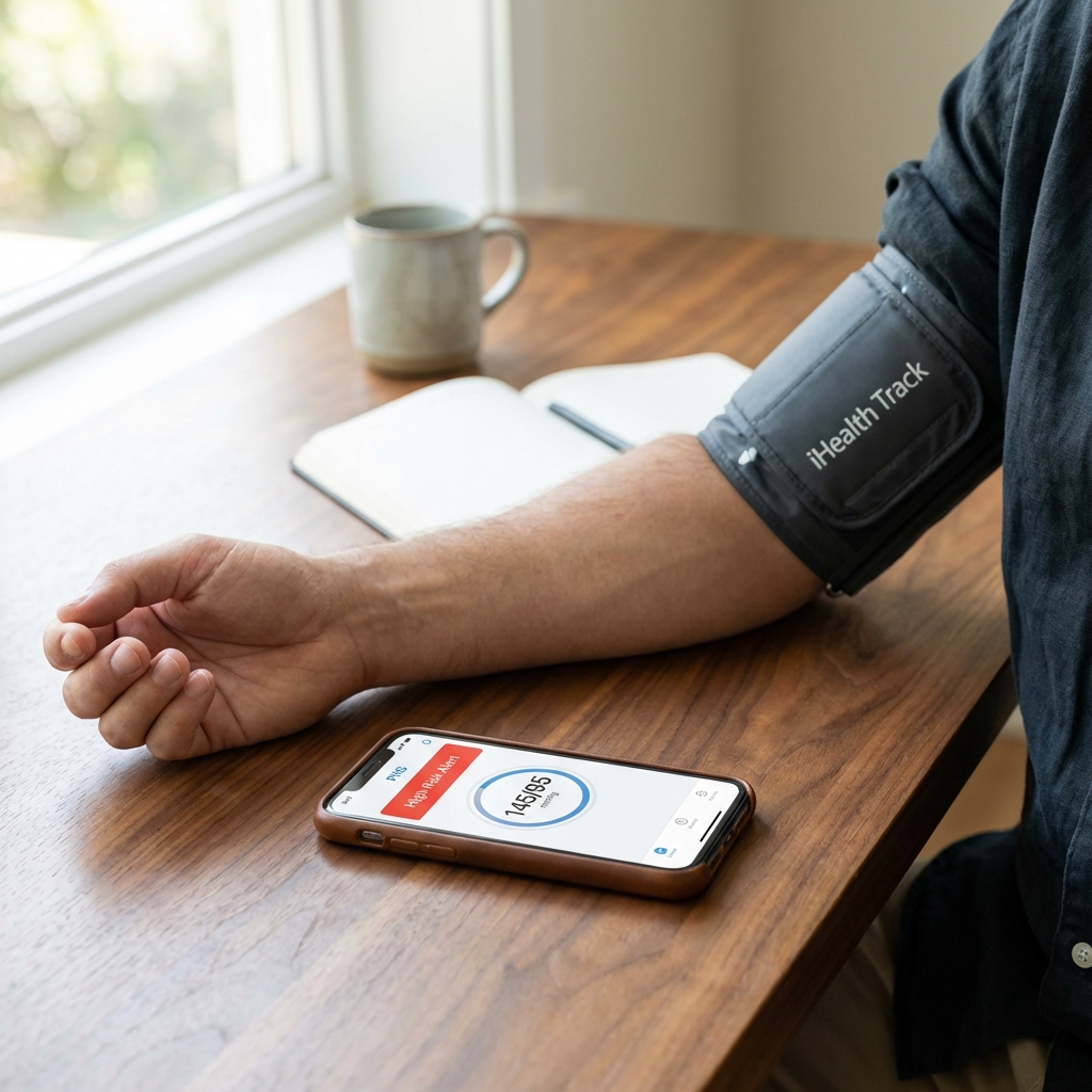 Home blood pressure cuff beside a phone alert